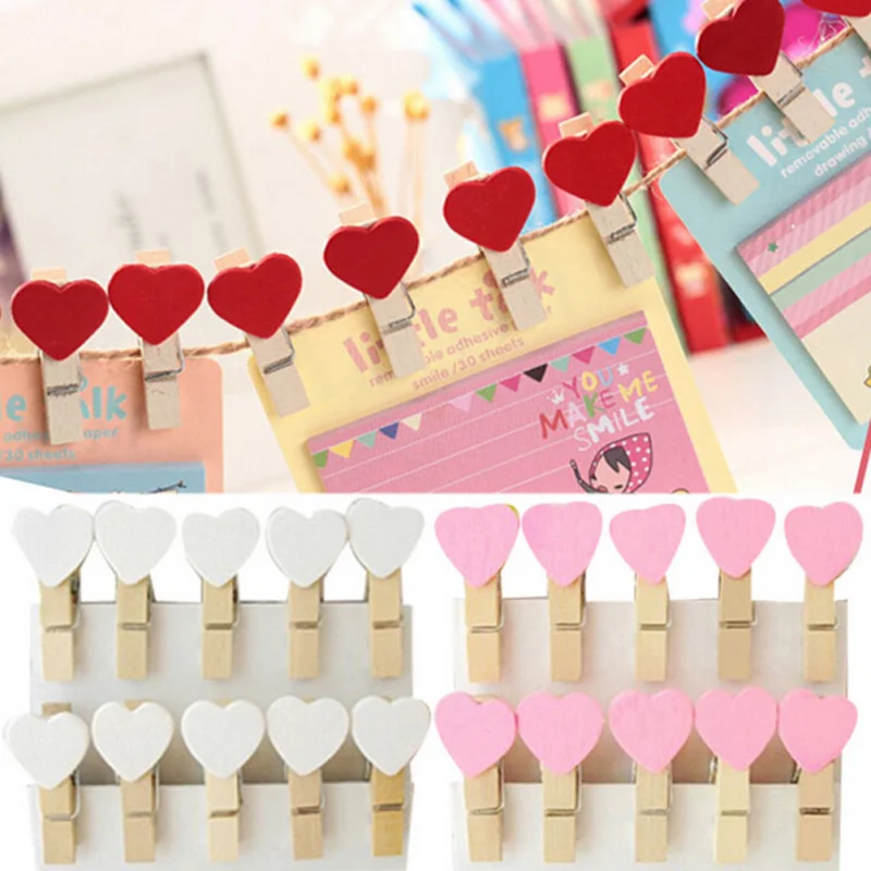 50Pcs/lot Red Heart Love Wooden Clothes Photo Paper Peg Pin Mini Clothespin Postcard Clips Wedding Home Decoration Stationery