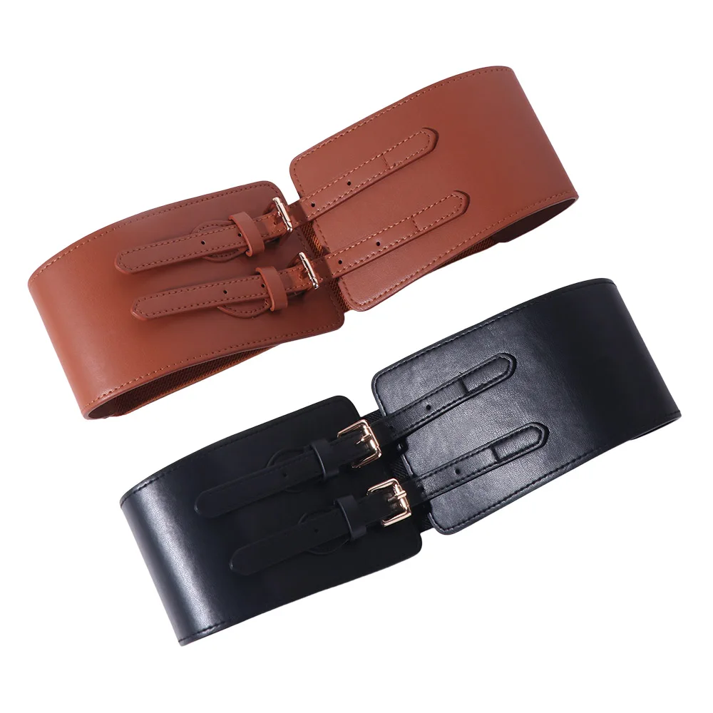 Korset Pinggang Elastis Kulit PU Fashionable, Dapat Disesuaikan, Warna Solid, Pelangsing, Lebar, untuk Wanita