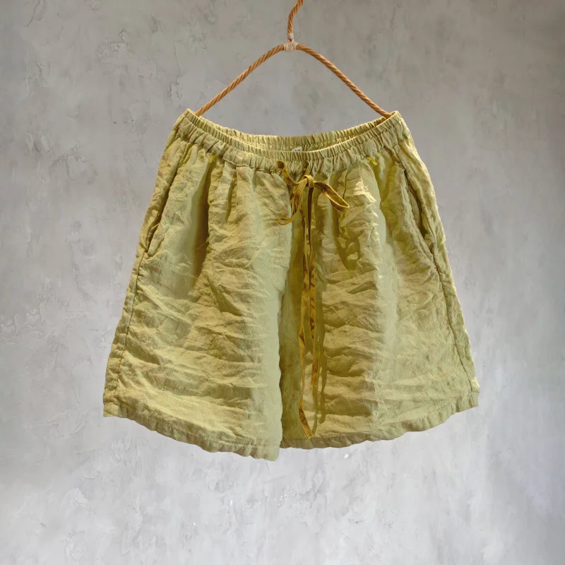 Women Elastic Waist Vintage Linen Wide Leg Shorts Female Loose Solid Color Pockets 2026 Summer Cool New Plus Size Women Shorts