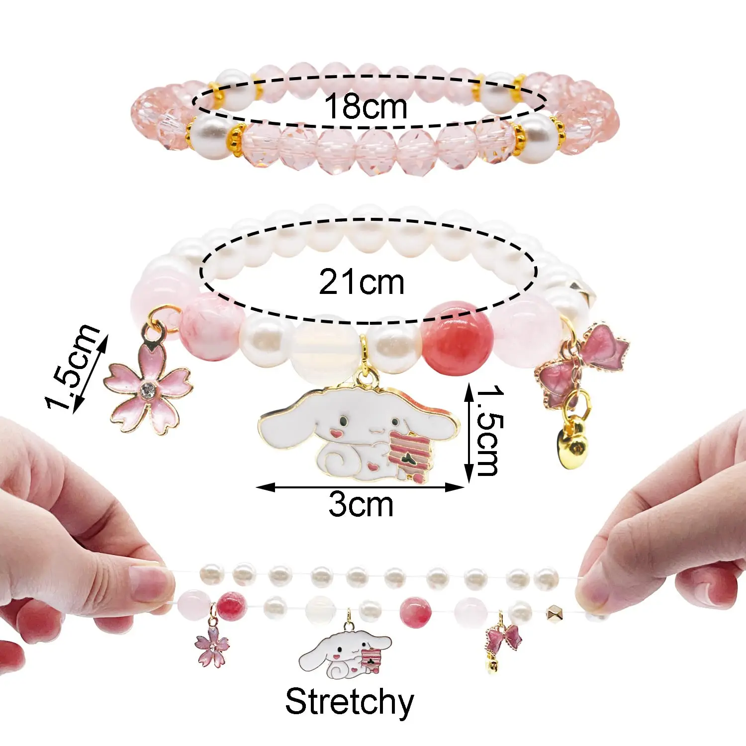 Sanrio Cartoon Crystal Bracelet Cinnamoroll Kuromi Bead Net Women Fashion Jewelry Party Gift Multilayer Expandable Girls Gift