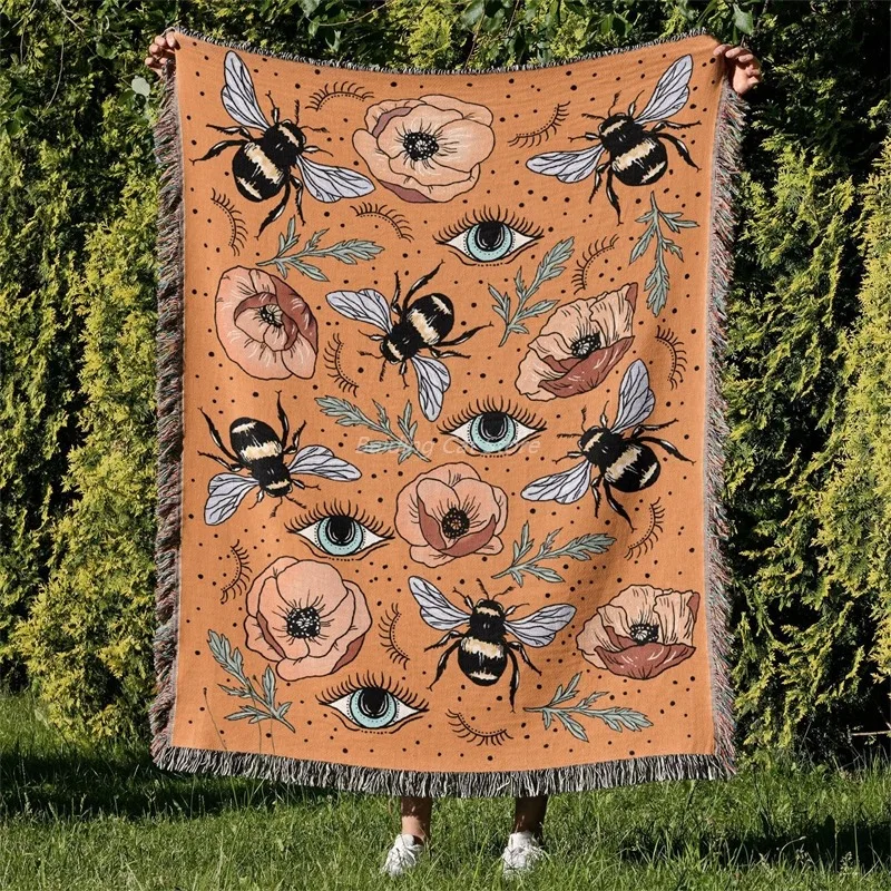

Honeybee Orange Outdoor Camping Picnic Blanket Soft Throw Blanket for Sofa Couch Wall Hanging Art Tassel Tapestry for Home Decor