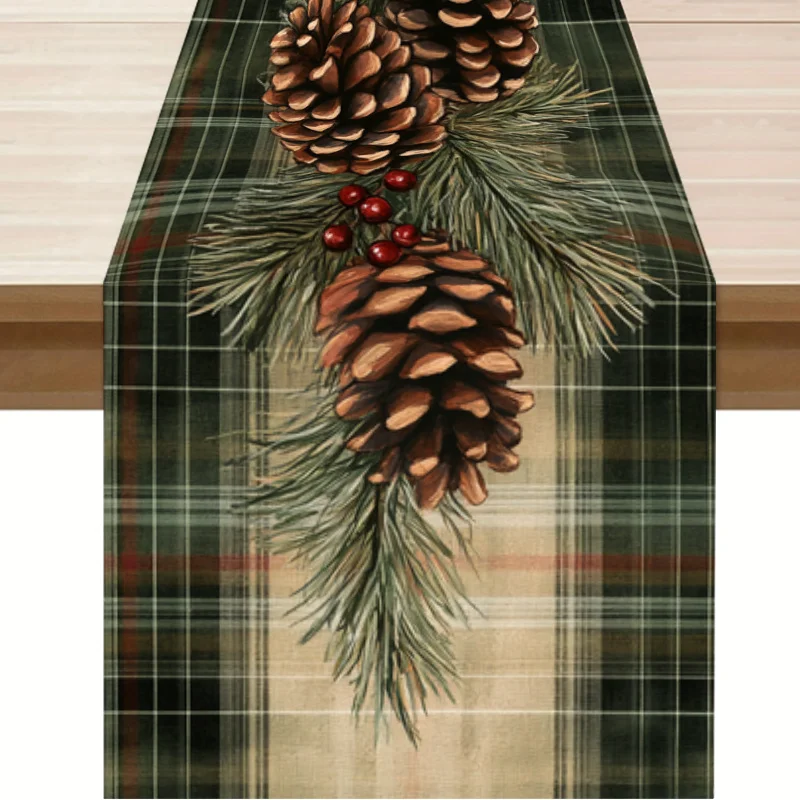 Vintage Pinecone Plaid Table Runner with Pinecone Patterns for Living Room Coffee Table Fireplace Decor