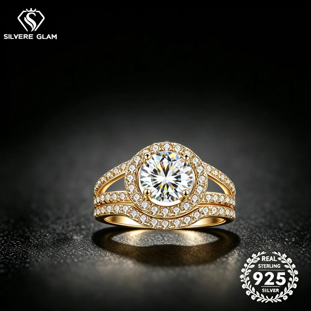 925 Sterling Silver 1.5CT Round Halo Curved Bridal Set Ring D VVS1 Moissanite MultiTone Stackable Wedding Fine Jewelry For Women