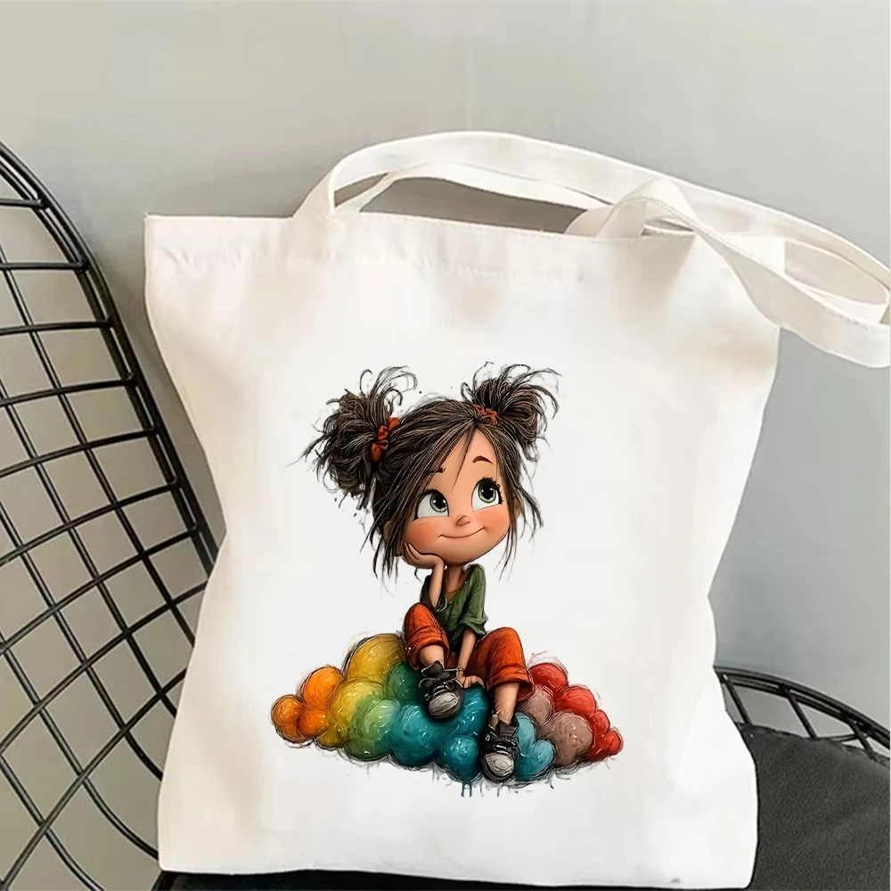 Cute Cartoon Double Bun Girl Canvas Tote Bag Stylish Handbag For Girls Daily Shopping,Commute,Travel