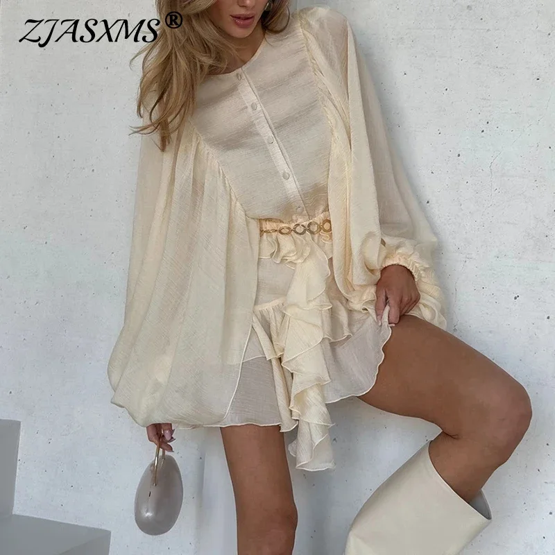 Lente Lantaarn Lange Mouw Woon-werkverkeer Jurk Vrouw Elegante O Hals Knop Mini Korte Jurken Zomer Effen Ruches Onregelmatige Jurken