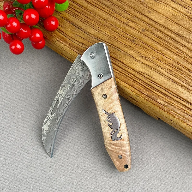 Damascus 67 Layer Stainless Steel Multi purpose Outdoor Kitchen Fruit Folding Knife Fox Pattern Handle Portable Folding Knife