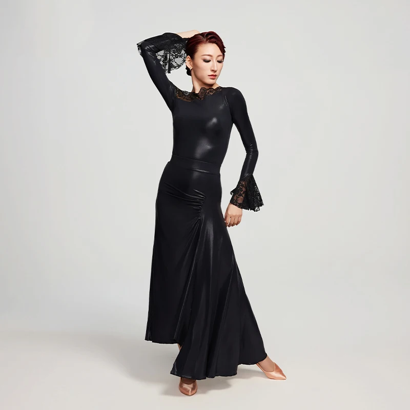 

Ballroom Dance Competition Clothing Women Black Lace Tops Waltz Dance Skirt Waltz Performance Costumes Prom Club Dress BL16507