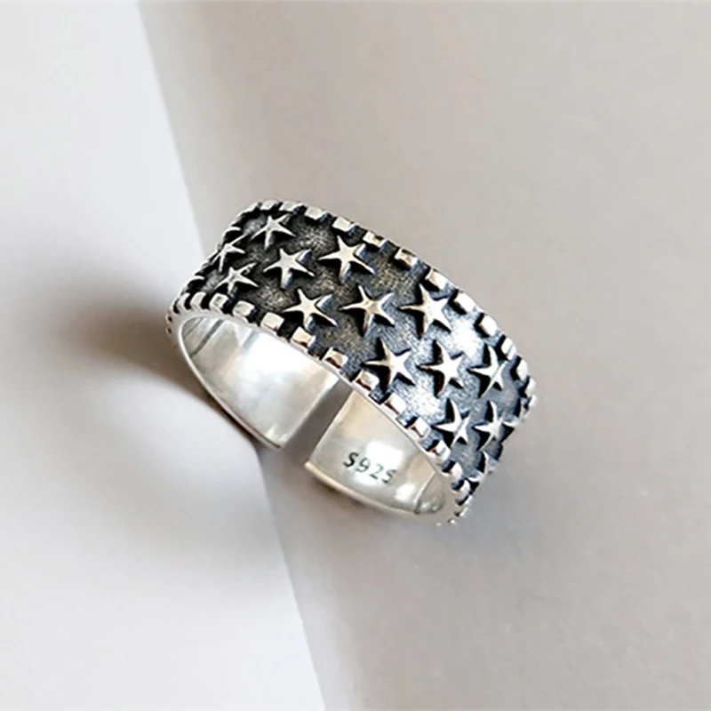 Foxanry Silver Color Star Pattern Cuff Rings For Women Couples Fashion Vintage Minimalist Hip Hop Handmade Party Jewelry Gifts