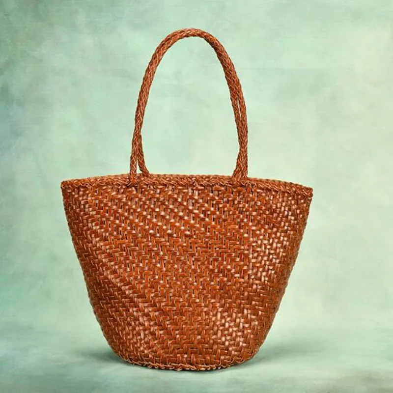 Made Braided bag genuine leather cowhide hand-woven vegetable basket bag women's shoulder bag retro shopping bag