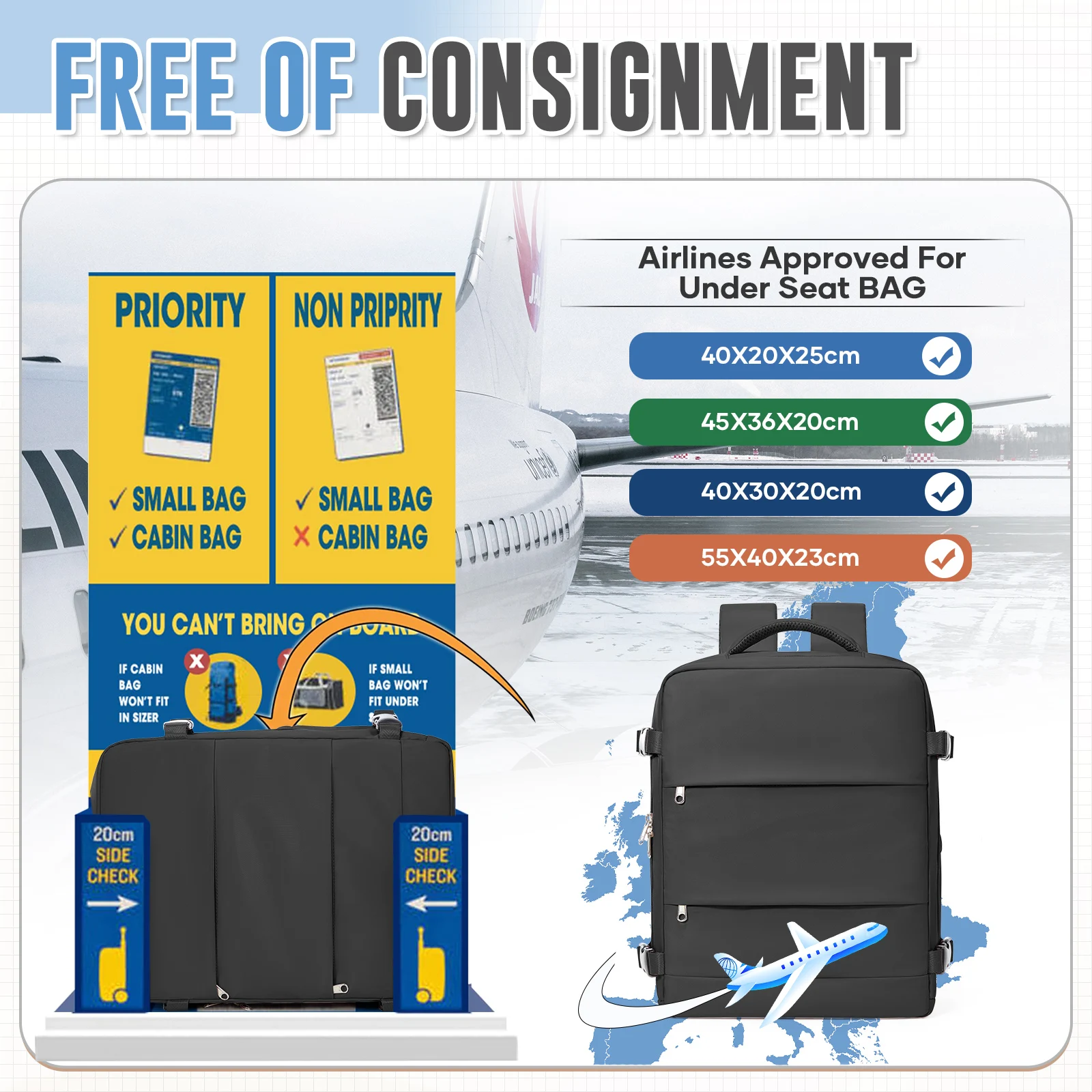 حقيبة ظهر Ryanair مقاس 40 × 30 × 20، حقيبة ظهر Easyjet Wiz Cabin Airplane، حقيبة ظهر للسفر للنساء والرجال تحمل حقيبة كمبيوتر للأعمال