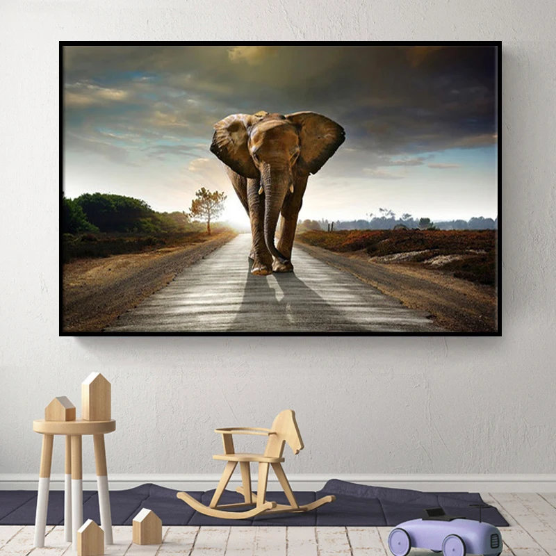 Elephant Walking On The Road ART Abstract Painting Animal Wall Art Pictures Canvas Prints For Living Room Decorative Home Decor