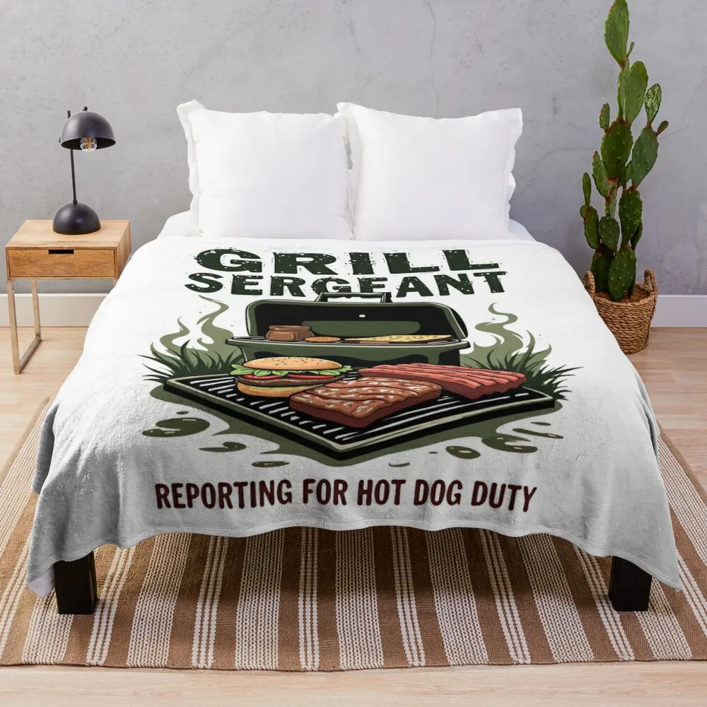 Grilln' Sergeant Reporting To Hot Dog Duty Funny Grill Dad Throw Blanket Camping Flannel Fabric Blankets