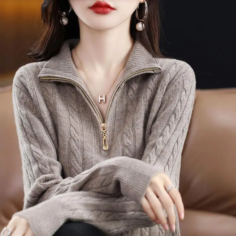 

Women's Half-High Neck Zipper Sweater New Autumn/Winter Style Loose Casual Pullover Thick Knitted Base Layer Tops