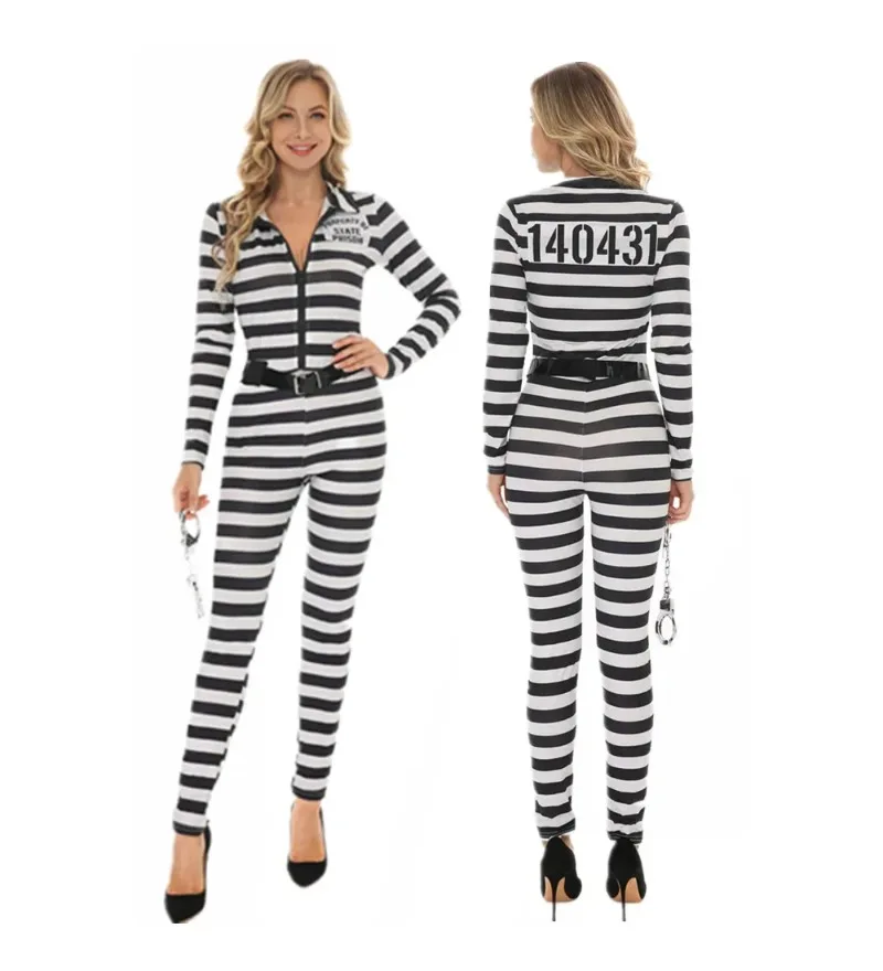

Adult Black White Stripe Prisoner Costume Couple Carnival Party Cosplay Prisoner Uniform Halloween Performance Set