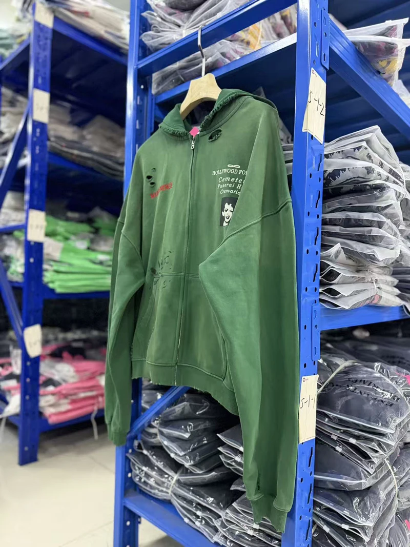Paly Green Hoodies Hip Hop Streetwear High Street Washed Distressed Women Men Zipper Hoodie Y2k Clothes