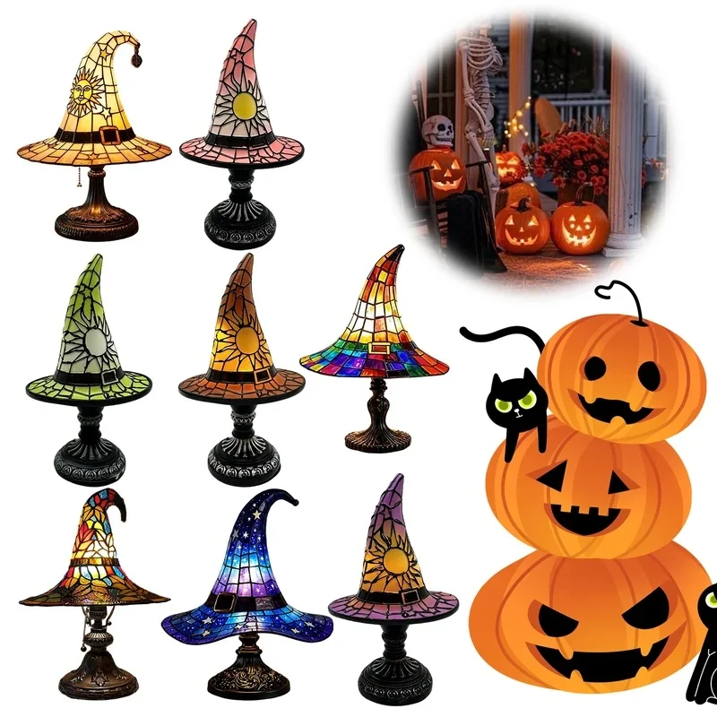 Witch Hat Stained Glass Table Lamp Starry Sky Hat Desk Light Vintage Decorative Lamp for Home Bedroom Halloween Decor
