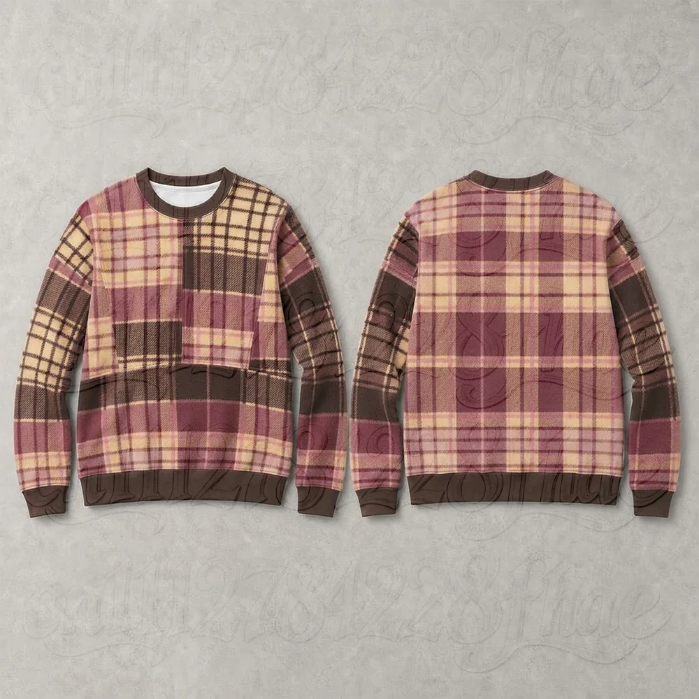 Vintage Plaid Patchwork Long Sleeve Sweatshirt Parent-Child Casual Crewneck Pullover Top for Thanksgiving Family Party Clothing