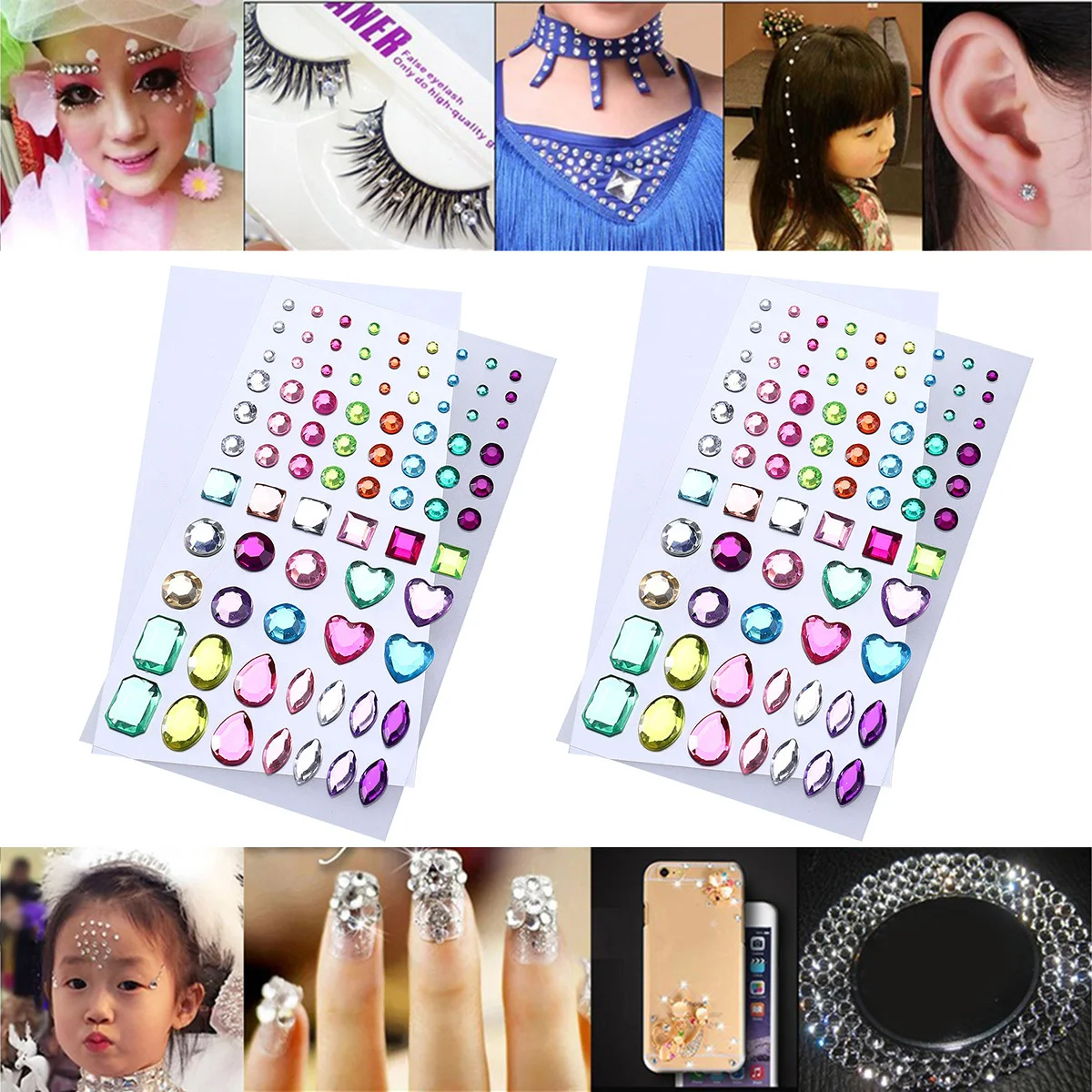 

2 Sheets Acrylic Rhinestone Stickers Self Adhesive Jewel Gems for Phone Car Decoration Various Shapes DIY Nail Art