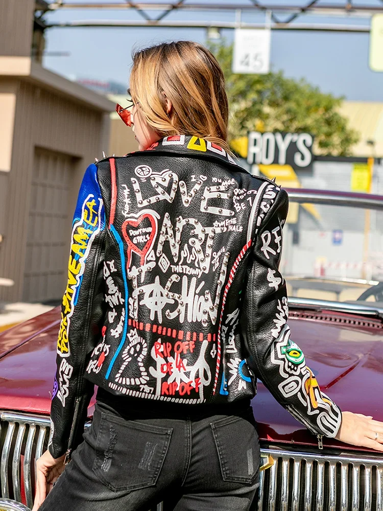 ZURICHOUSE Personality Graffiti Print PU Leather Locomotive Jacket Women Slim Short Streetwear Punk Rivet Jackets Female