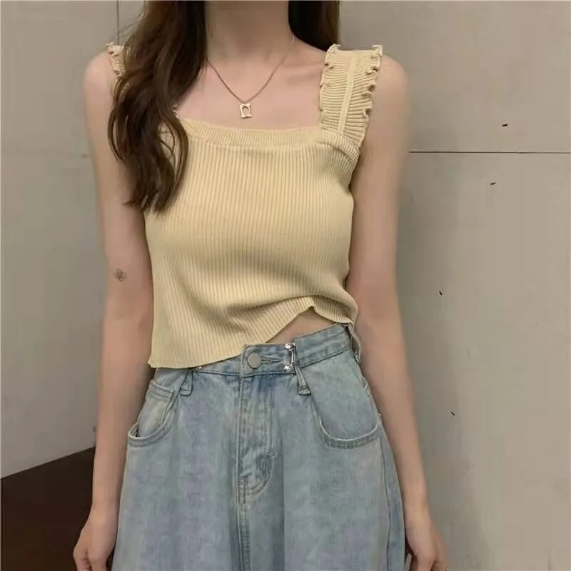 Woman's Tshirts Superior Quality spring/summer Knitting Solid Color Sleeveless Square Neck Ladies Tops Dropshipping AYX123