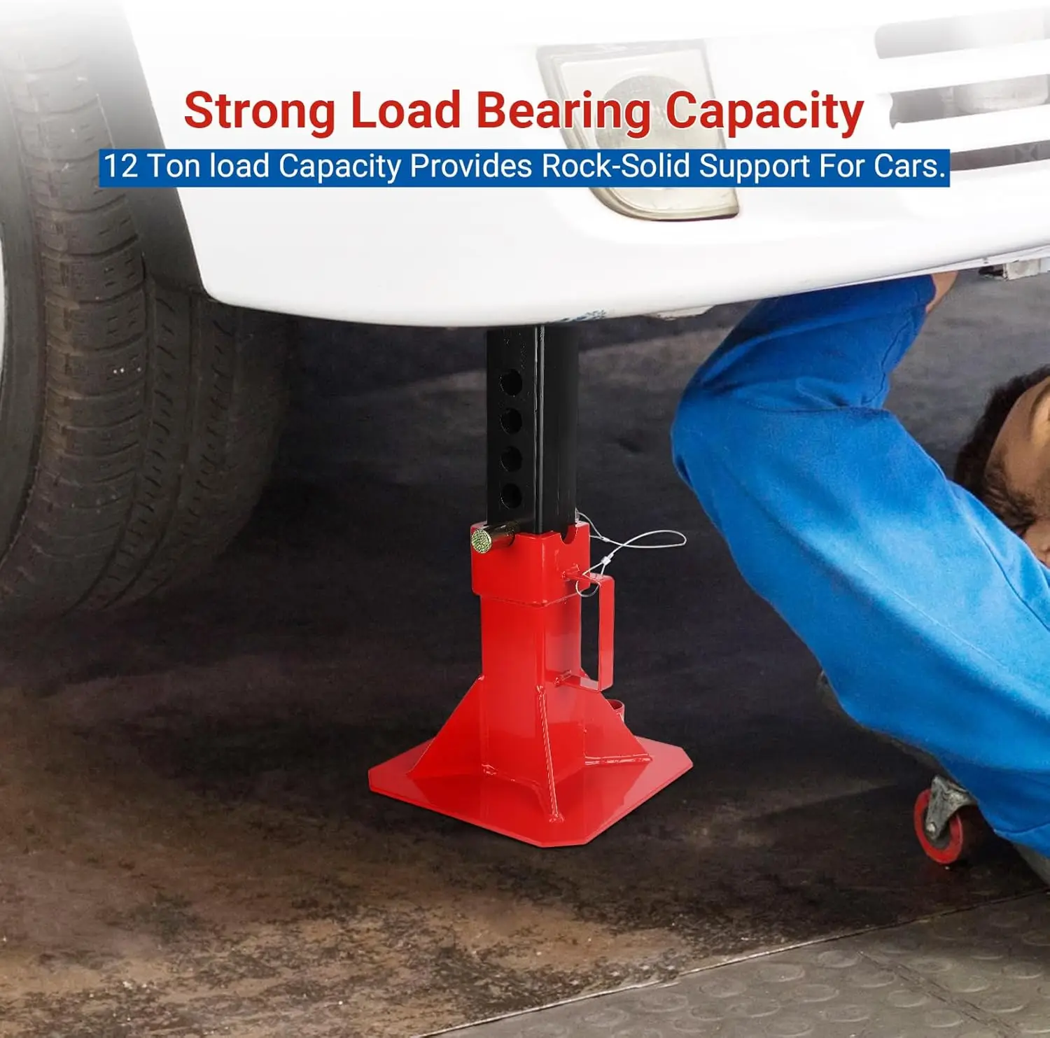 Car Jack Stands Steel 12 Ton Capacity Red Heavy Duty Pin Type 1 Pair with Lock, Adjustable Height 11"-18" view 4