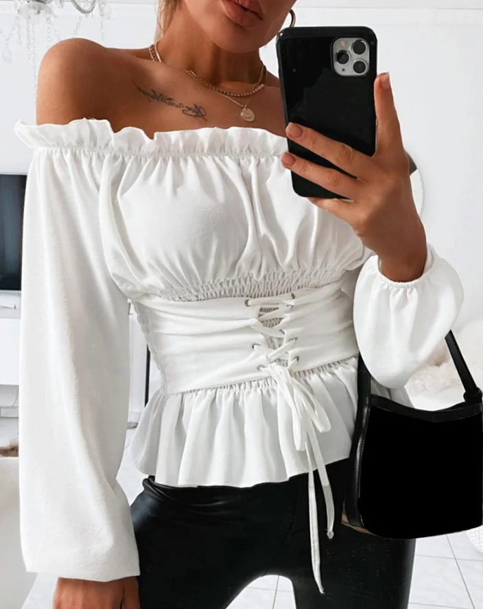 Women's Blouse 2024 Autumn Long Sleeve Off Shoulder Lace-Up Front Corset Solid Color Slim Fit Pleated Bandage Casual Blouse