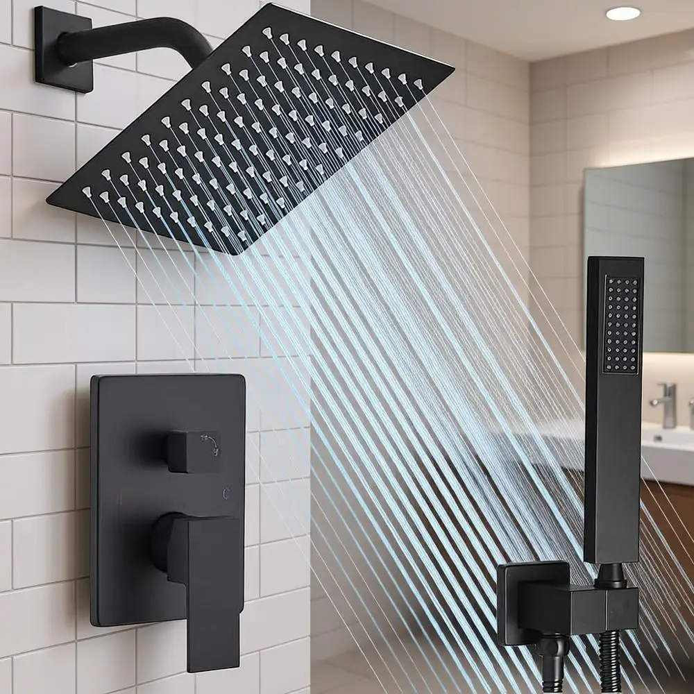 

Matte Black 8-Inch Luxury Square Shower Head with Handheld, Complete Wall-Mounted Shower System