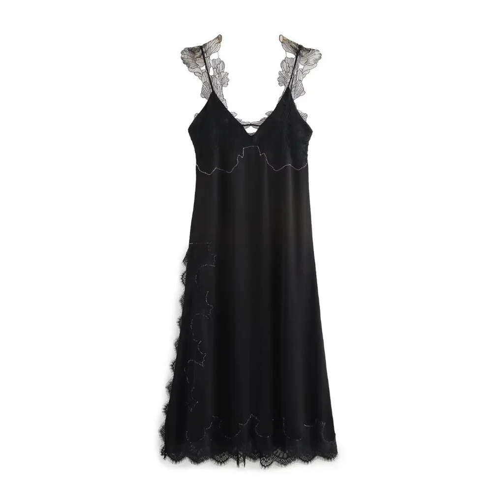 Zach Ailsa summer new women's fashionable temperament V-neck sleeveless solid color lace trimmed slim and sexy suspender dress