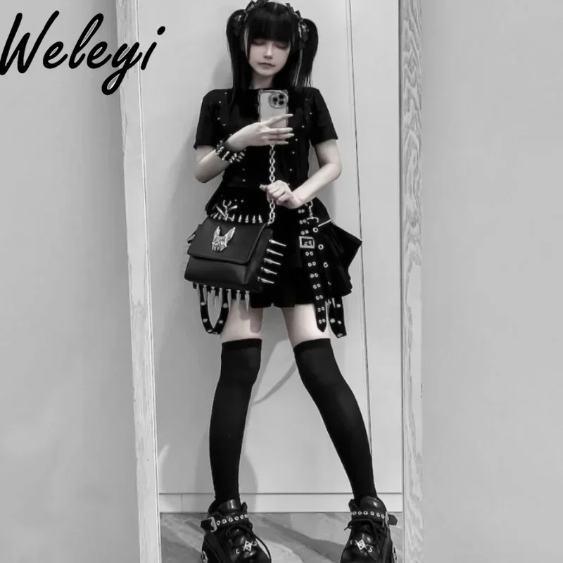 

Punk Style Y2k Suspender Zipper Balck Short Skirt for Women Gothic Women's High Waist Ruffled Edge Mini Skirts Faldas Largas