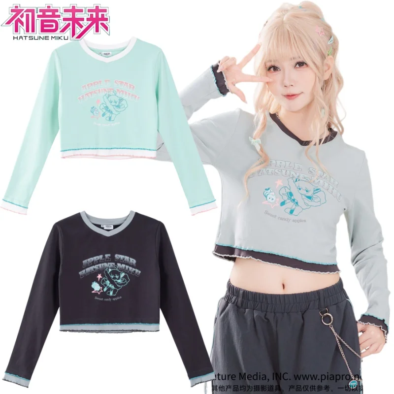 

Hatsune Miku V-neck Long-sleeve Cropped Cartoon Hatsune Miku T-shirt Anime Merchandise Holiday Gift Slim Fit and Flattering