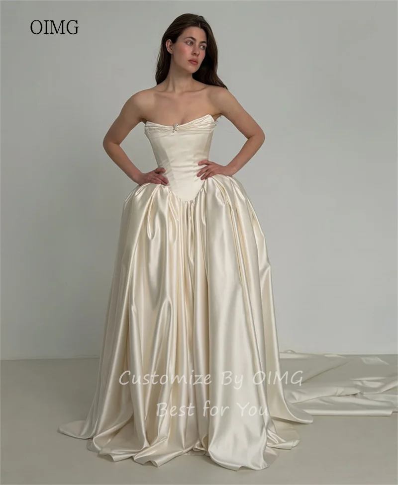

OIMG Elegant Strapless A Line Wedding Dress Backless Long Tail Bride Dresses Floor Length Wedding Gown vestido novia Customized