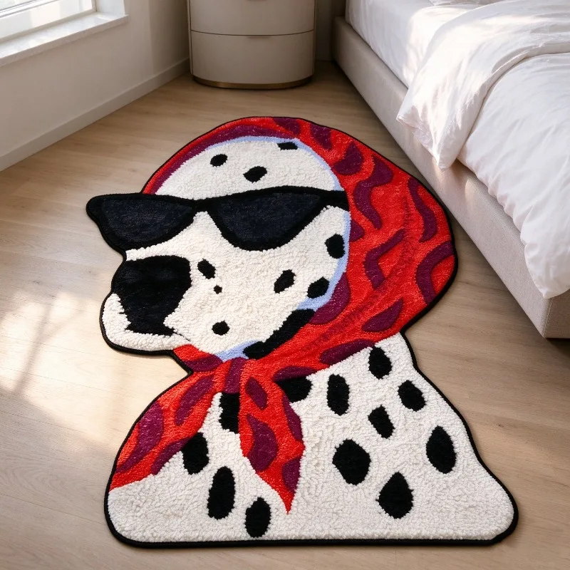 Cool Dalmatian Shaped Rug Creative Decorative Carpet for Entryway Cartoon Spot Dog with Sunglasses & Headscarf Soft Washable Mat