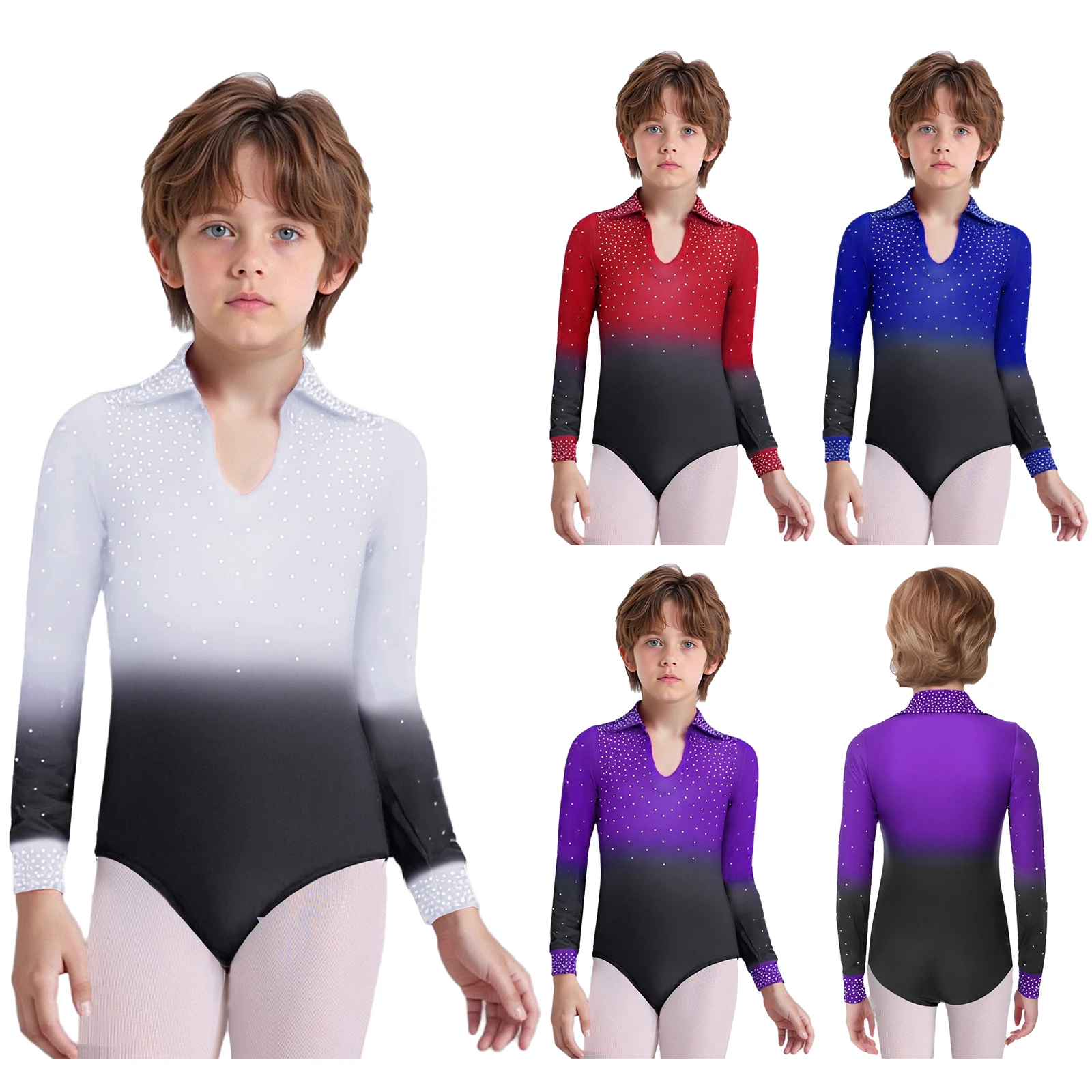 Justaucorps de danse de gymnastique pour enfants garçons, Costume de spectacle, col rabattu, manches longues, strass brillants, dégradé de couleur, vêtements de danse