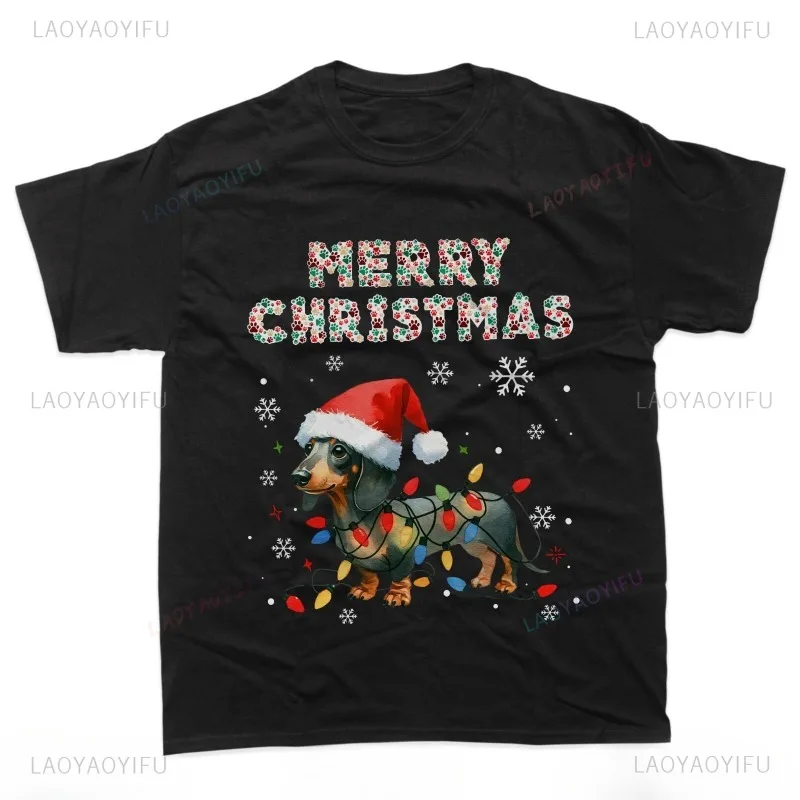 

Милая такса с Рождеством, собачьи лапы, огни, забавная забавная футболка с надписью, уникальная шляпа Санта-Клауса, забавный узор, футболки из чистого хлопка