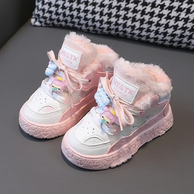 Winter Children Sport Shoes Girls Breathable Plush Warm Snow Boots Princess Shoes Soft Light with Fur Outdoor Kids Sneakers 2023