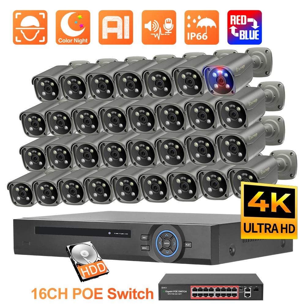 Techage 36CH UHD 4K 8MP POE Camera with H.265 Video NVR Security Camera System Outdoor Surveillance System CCTV Recorder Kits