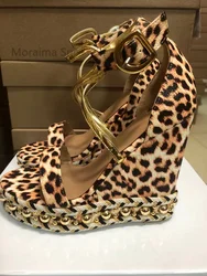 Leopard Leather Platform High Heels Wedges Women's Sandals Gold Metal String Bead Buckle Sandals Cross Strap Hollow Design Shoes