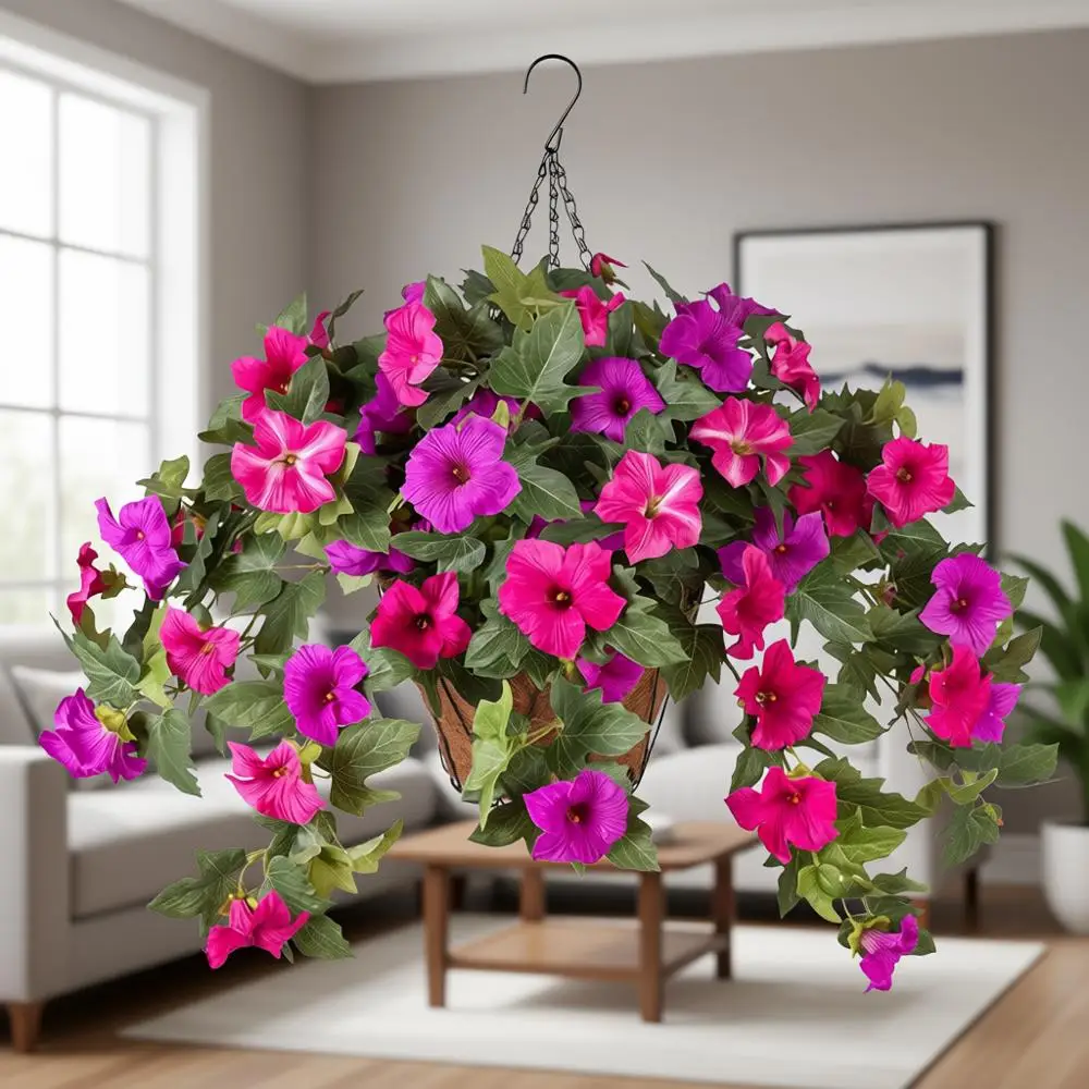 

UV-Resistant Purple Silk Petunia Hanging Baskets, 3-Piece Set for Outdoor or Indoor Home Spring Decoration