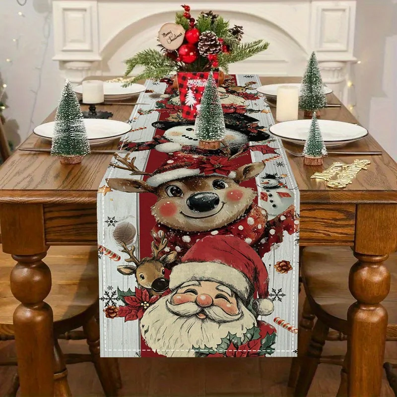 1pc Christmas Table Runner with Reindeer and Snowman Design, Holiday Table Decor for Indoor Outdoor, Christmas Decorations