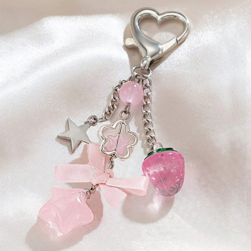 모조 진주 활 하트 펜던트 가방 펜던트 핑크 딸기 중공 꽃 튤립 페르시 키 체인 액세서리 - 5