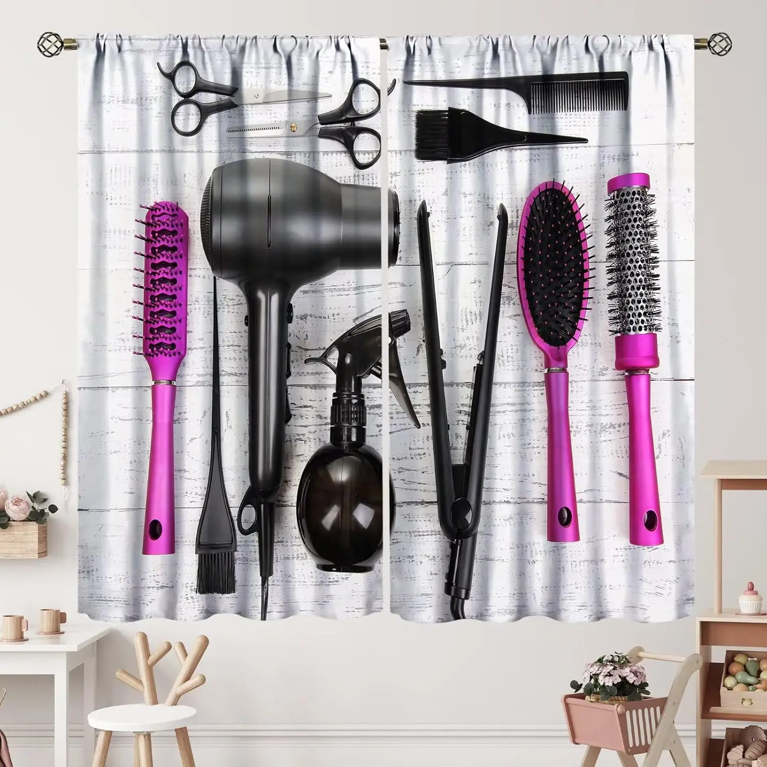 Barber Hair Styling Tools Window Curtains 2 Panels,Blow Dryer Brush Scissors Spray Bottle Vintage White Wood Salon Decor Curtain