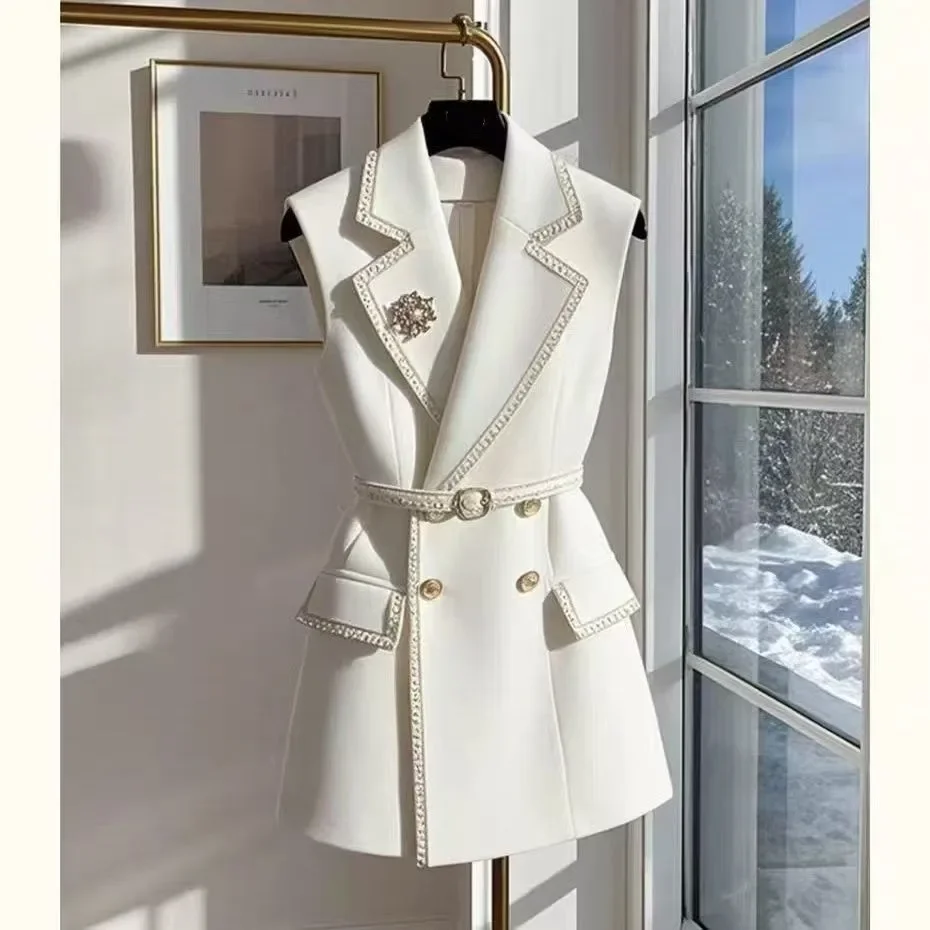 

Весенняя белая куртка-жилет для женщин, двубортные пиджаки без рукавов, повседневная тонкая элегантная офисная женская официальная корейская верхняя одежда