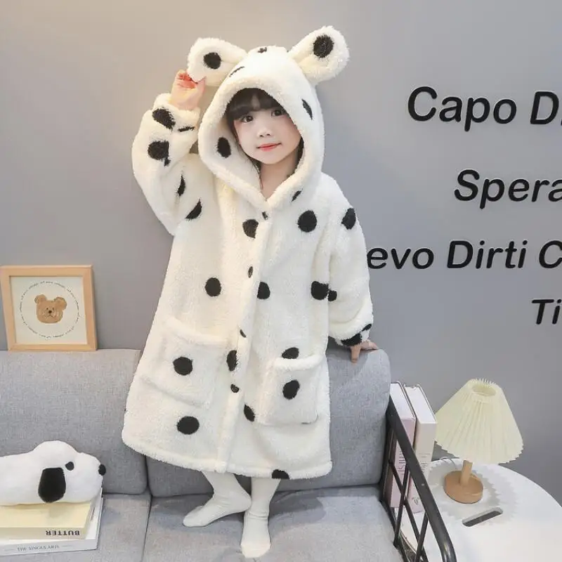 Girl Winter Robe Hooded Pajamas Mid-Length Flannel Bathrobe Child Versatile Kawaii Fashion New Style Casual Clothing Homewear