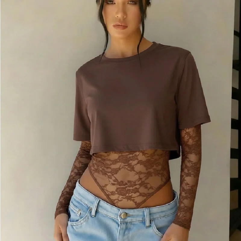 Women Lace Stitching Short Jumpsuits and Rompers Fashion Elegant Hot Girls Long Sleeve O-neck Bodysuits