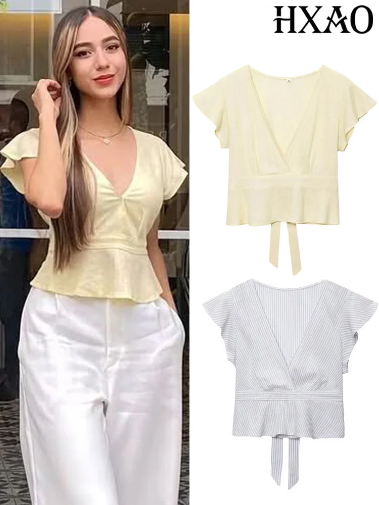 

HXAO Top Women Bow Tanks & Camis Crop Top Ladies Casual Summer Tops Cropped Shirt & Blouses Yellow Blue Cute Tube Top Female