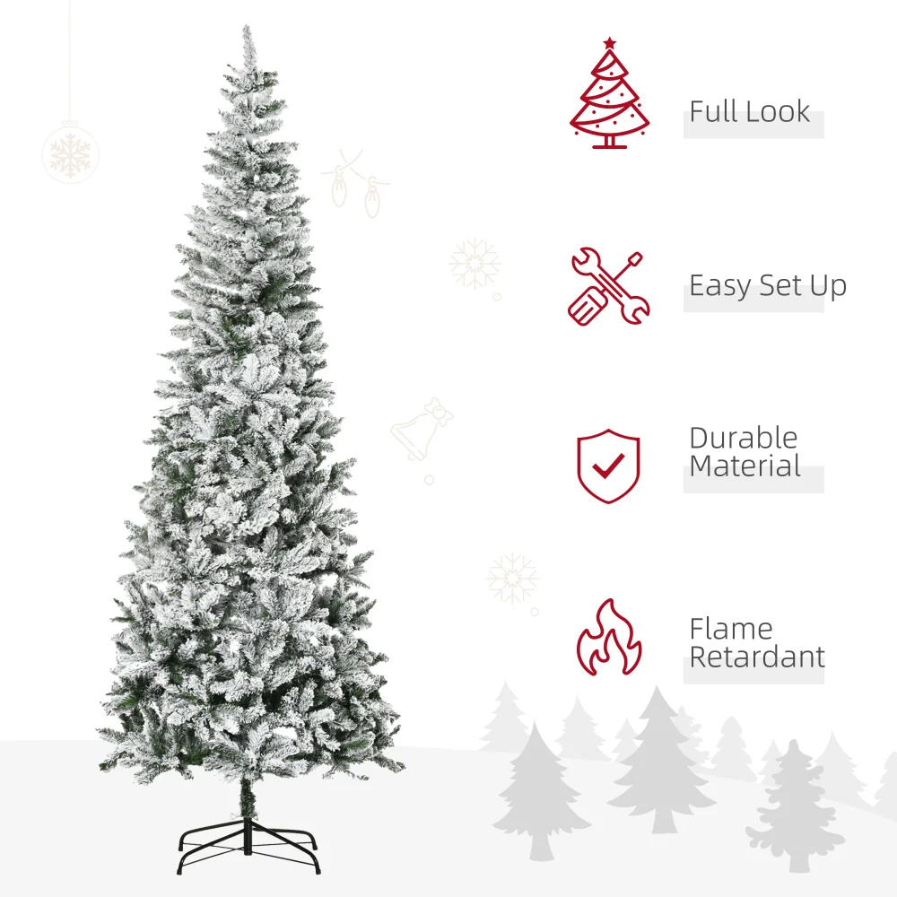 HOMCOM 9ft Unlit Snow-Flocked Slim Pine Artificial Christmas Tree with Realistic Branches and 1084 Tips