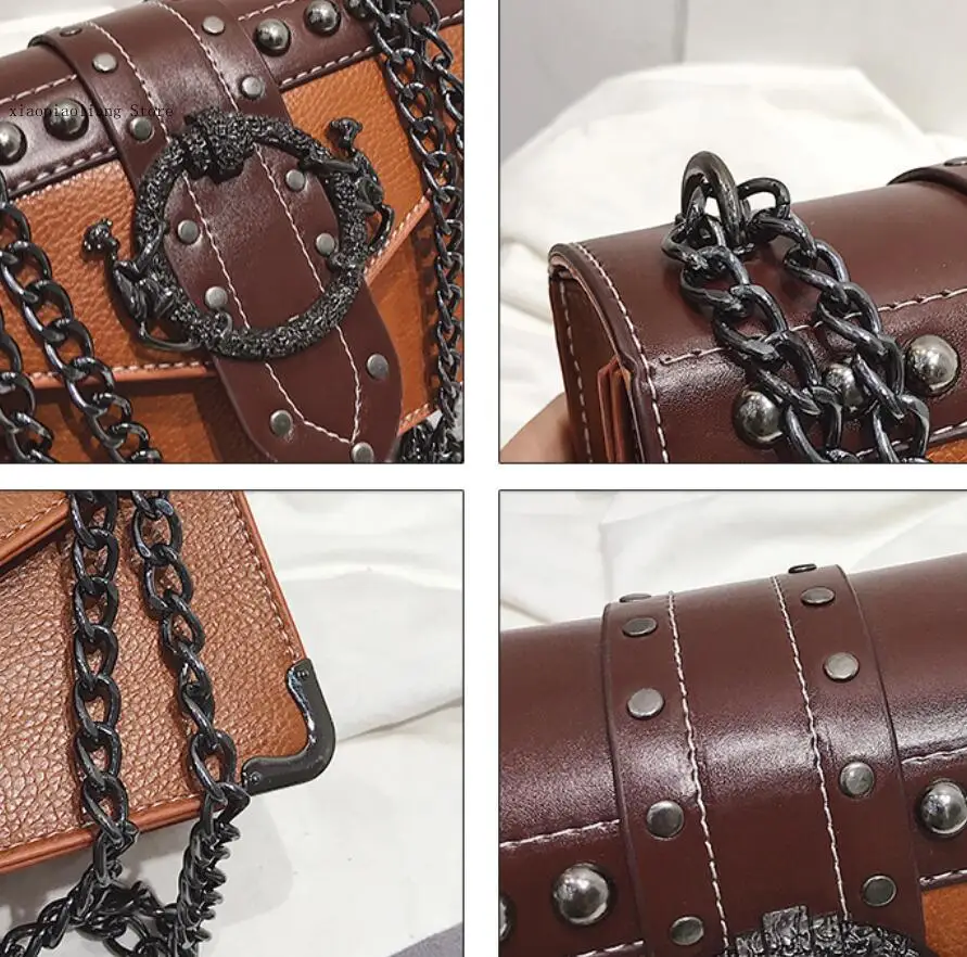 Fashion Women\'s Bag High Quality Pu Leather Designer Handbag Rivet Chain Chain Shoulder Crossbody Bag