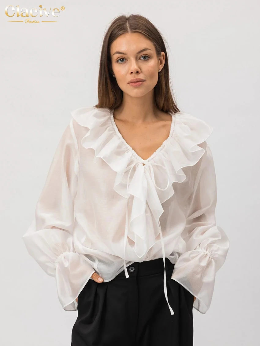 

Clacive Fashion Loose White Women's Shirt 2025 Sexy V-Neck Long Sleeve Shirts Elegant Classic Ruffle Lace-Up Top Female Clothing