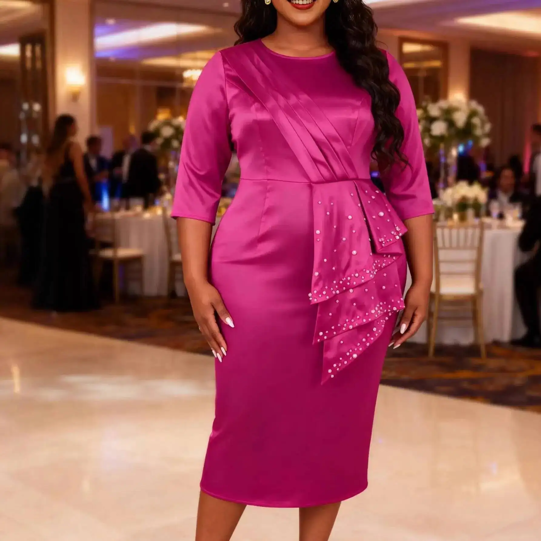 

Plus-size Women's Rose Red Satin Beaded Ruffle Skirt, Mid-length Dress For Plus-size Women To Conceal Body Fat And Accentuate