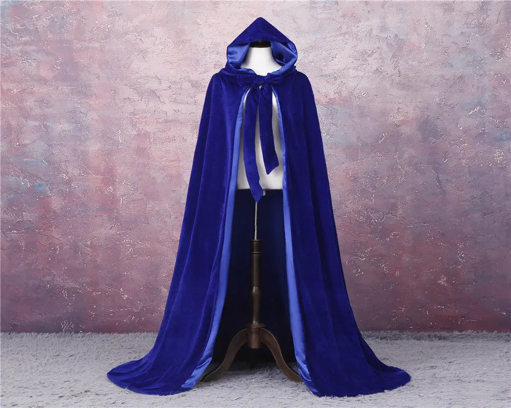 Blue Velvet Hooded Cloak Bridal Cloaks Capes Floor Length Witch Cloak Custom Made Winter Halloween Winter Long Weddil Wraps